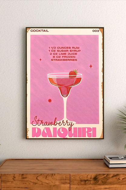 Portrait artwork featuring a lush, pink watercolor illustration of strawberries and vines, paired with descriptive text in soft greens and reds