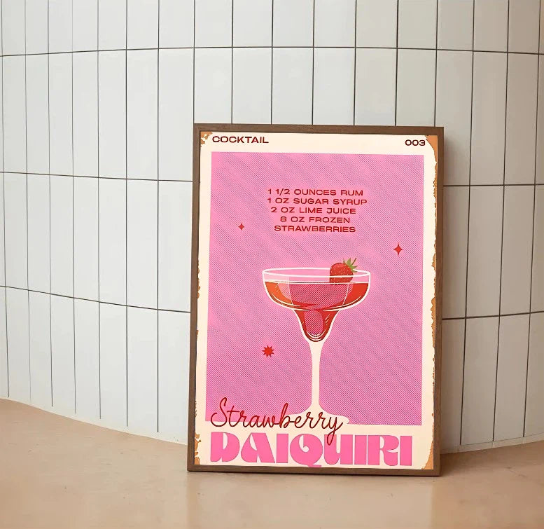 Detailed botanical illustration showing piled pink strawberries alongside yellow lemon accents and stylized drink elements; vertical orientation