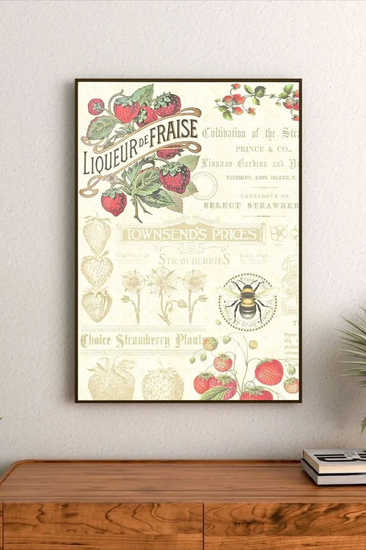Detailed cottagecore illustration of a whimsical strawberry patch, featuring ripe pink berries nestled among lush green foliage