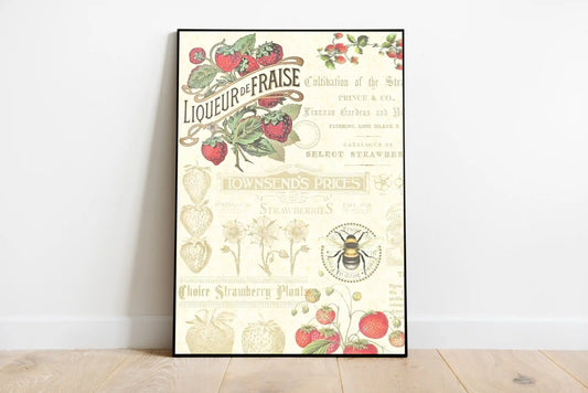 Illustrated depiction of a charming strawberry farm scene, featuring ripe berries, foliage, and whimsical elements in soft pastel colors
