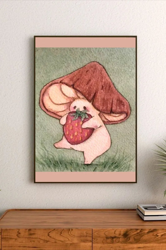 Illustration featuring realistic strawberry and mushroom elements in a cottage core style, using pastel tones of pinks, greens, and cream