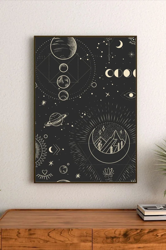 Portrait geometric design with deep indigo and violet tones illustrating layered cosmic rings and complex astronomical paths