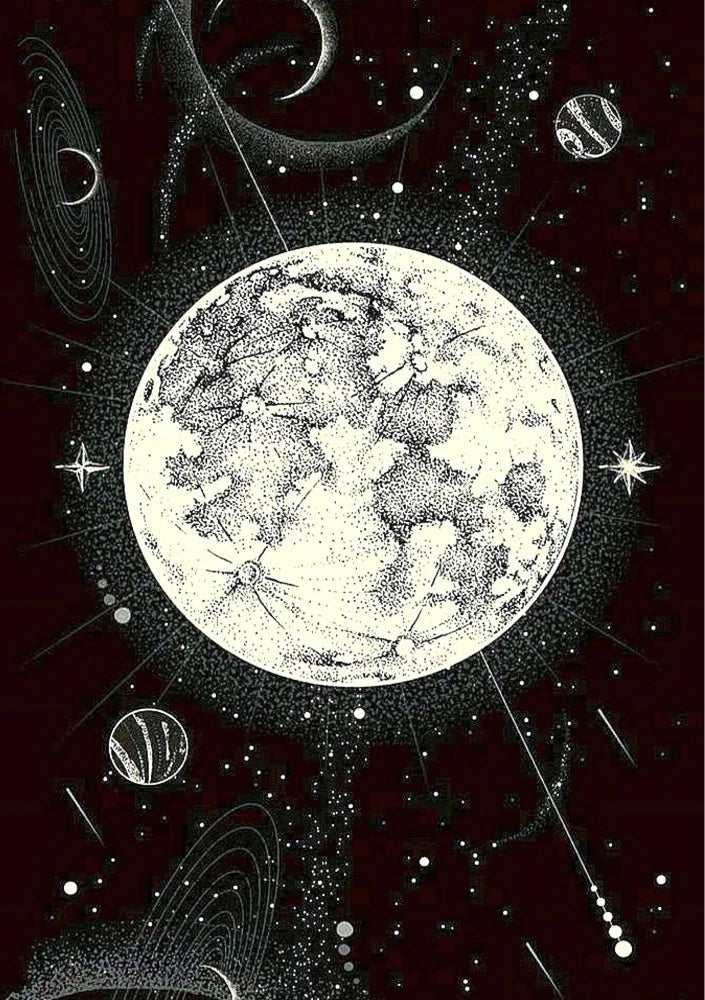 Deep indigo and black depiction of stellar constellations observed through an ornate telescope, featuring scientific star maps