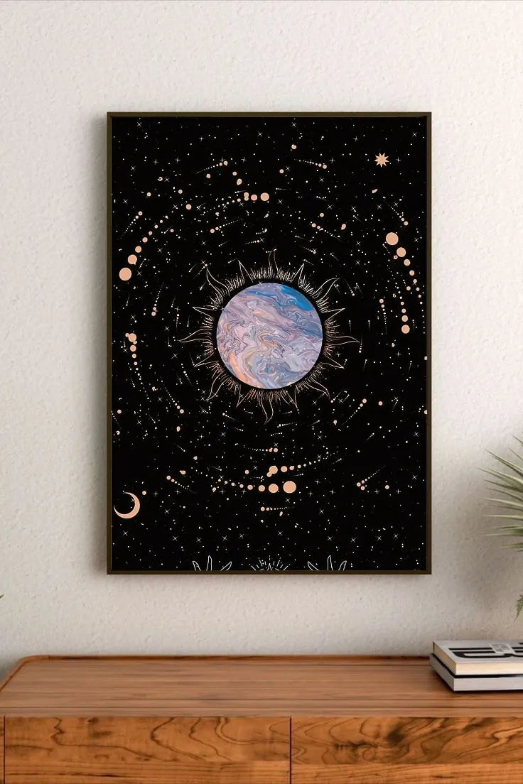 Astronomical celestial design highlighting planets and stellar trails with vibrant teal and violet hues, showing the mechanics of orbital motion