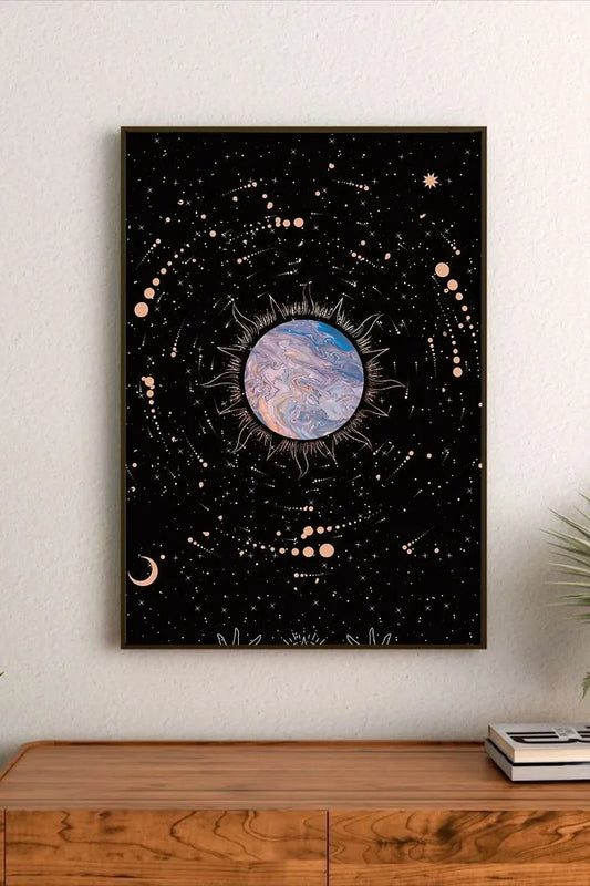 Astronomical celestial design highlighting planets and stellar trails with vibrant teal and violet hues, showing the mechanics of orbital motion