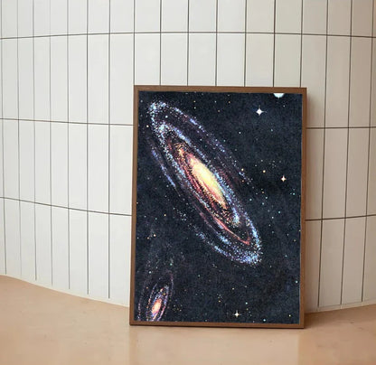 Portrait cosmic artwork featuring deep blue and violet nebulas, swirling galaxies, and constellations mapping out a celestial night sky pattern