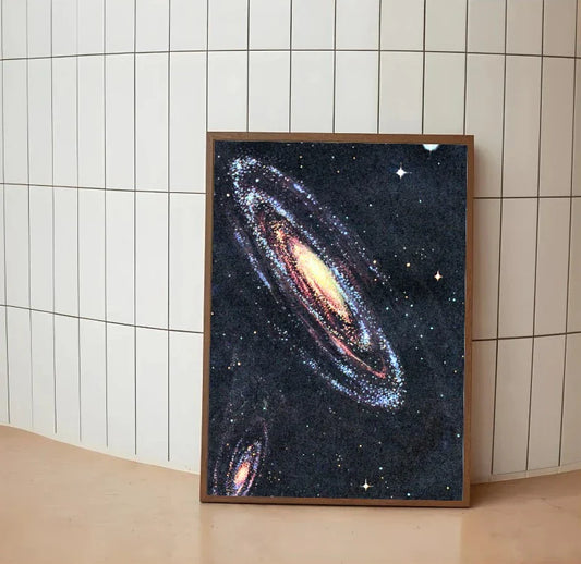 Portrait cosmic artwork featuring deep blue and violet nebulas, swirling galaxies, and constellations mapping out a celestial night sky pattern