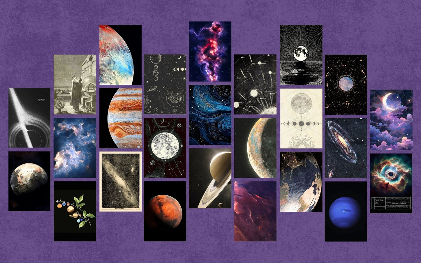 Vertical poster featuring an artistic sketch of celestial mechanics, including planetary rings and titled diagrams of solar system bodies