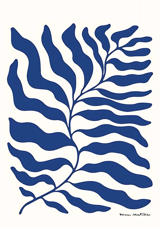 Vertical botanical artwork displaying small clusters of blue-green tropical foliage, suggesting a delicate, ethereal plant pattern