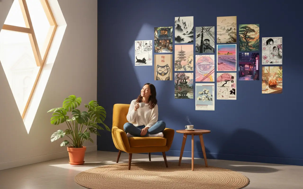 Woman sitting in a chair in a room with a wall of framed artworks.
