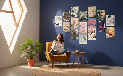 Woman sitting in a chair in a room with a wall of framed artworks.