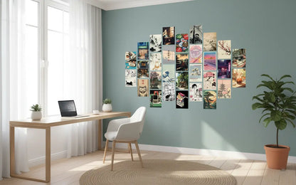 Trip to Japan aesthetic wall collage kit with 40 images of Japanese art, anime, and scenery arranged in a heart shape.