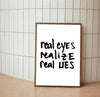 Bold graphic poster design featuring layered text slogans in a distressed, high-contrast style, utilizing black ink and pops of red on white paper