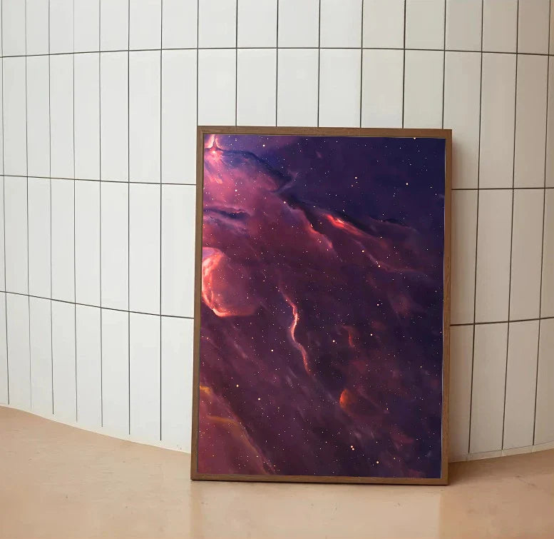 A portrait astronomical depiction of a telescope view through nebula clouds, featuring swirling magentas, electric blues, and deep violet stellar gas