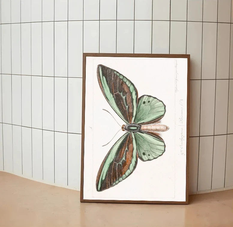 Portrait wall art poster with botanical illustrations of lush green leaves and yellow lemon branches against pale washes of pink and mint green