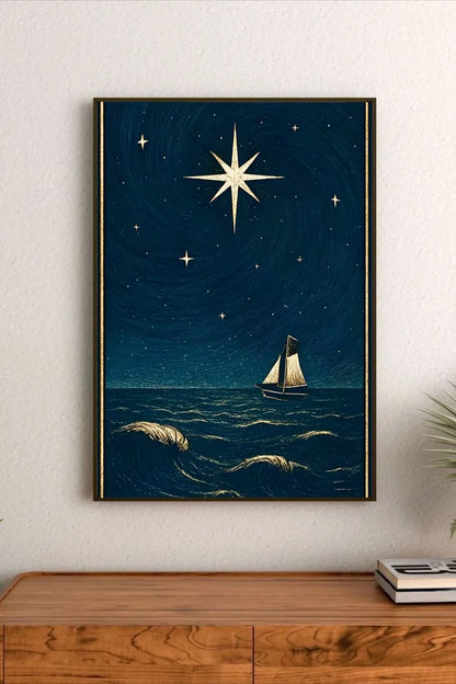 Vintage celestial poster art featuring constellations, a scientific diagram, and telescope view details in deep blues, blacks, and gold ink accents
