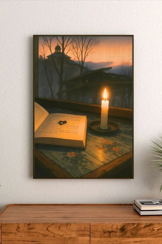 Detailed landscape composition poster with vintage botanical illustrations of flora and fauna in subdued green and cream colors