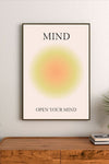 Abstract retro wall art in pink, yellow, and white. Features curved lines and bold text layers like "Mind" and "Lemonade" in a playful composition