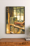 Portrait poster depicts vintage record player on wooden shelf with vinyl records stacked nearby under warm-toned window light