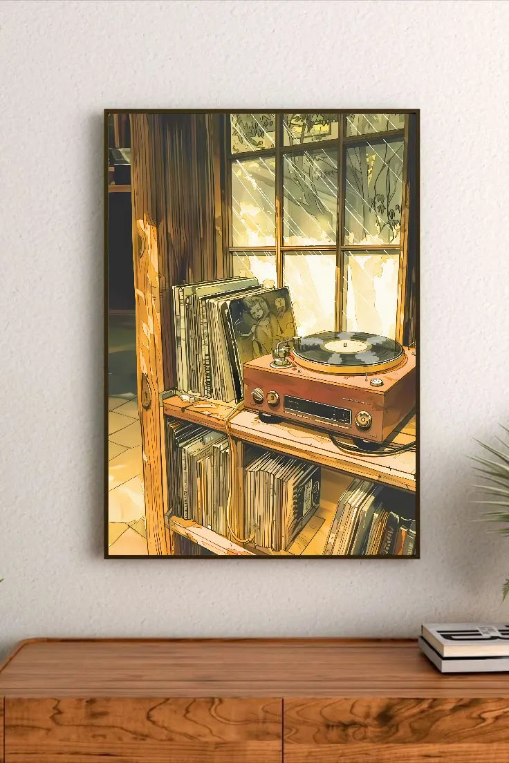 Portrait poster depicts vintage record player on wooden shelf with vinyl records stacked nearby under warm-toned window light