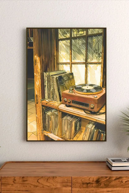 Portrait poster depicts vintage record player on wooden shelf with vinyl records stacked nearby under warm-toned window light