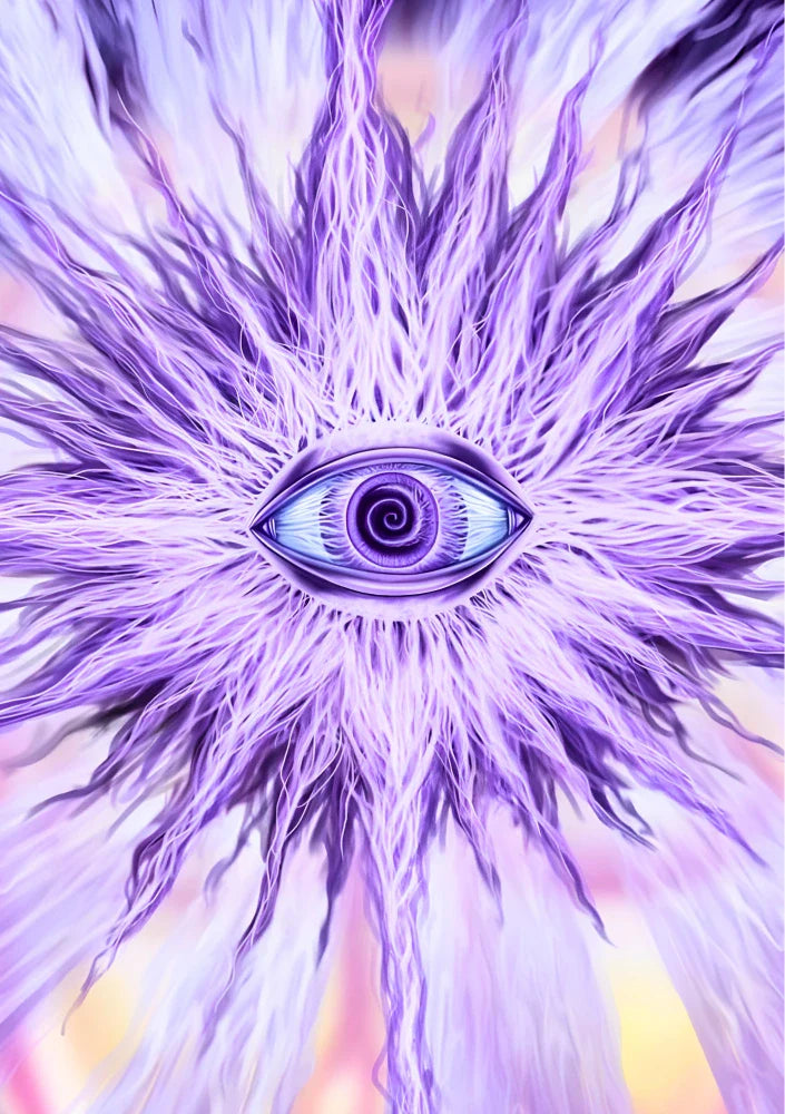 Abstract portrait design showcasing glowing geometric portals and intricate patterns amidst rich purple celestial dust composition