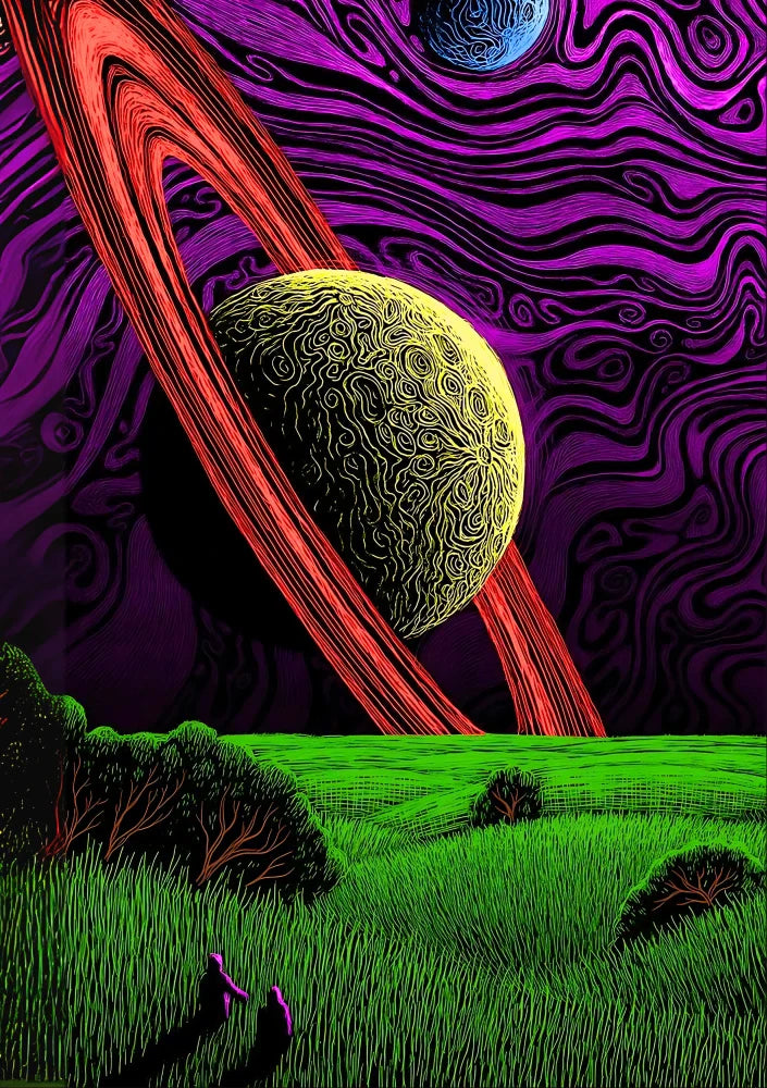 Cosmic poster showing ethereal figures traversing vast deep space; features swirling nebulas and intense energy beams of vibrant blues and purples
