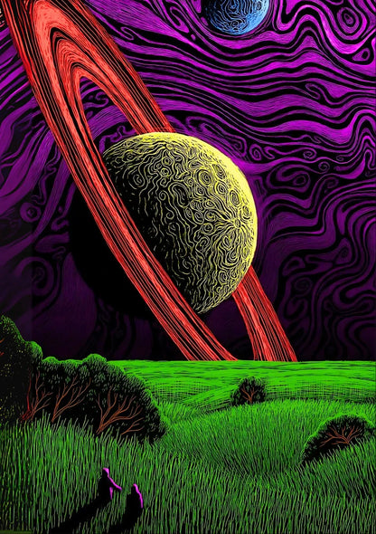 Cosmic poster showing ethereal figures traversing vast deep space; features swirling nebulas and intense energy beams of vibrant blues and purples