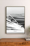 Minimalist graphic poster featuring black typography mixed with abstract shapes and sketches in an overlapping collage style. Portrait orientation