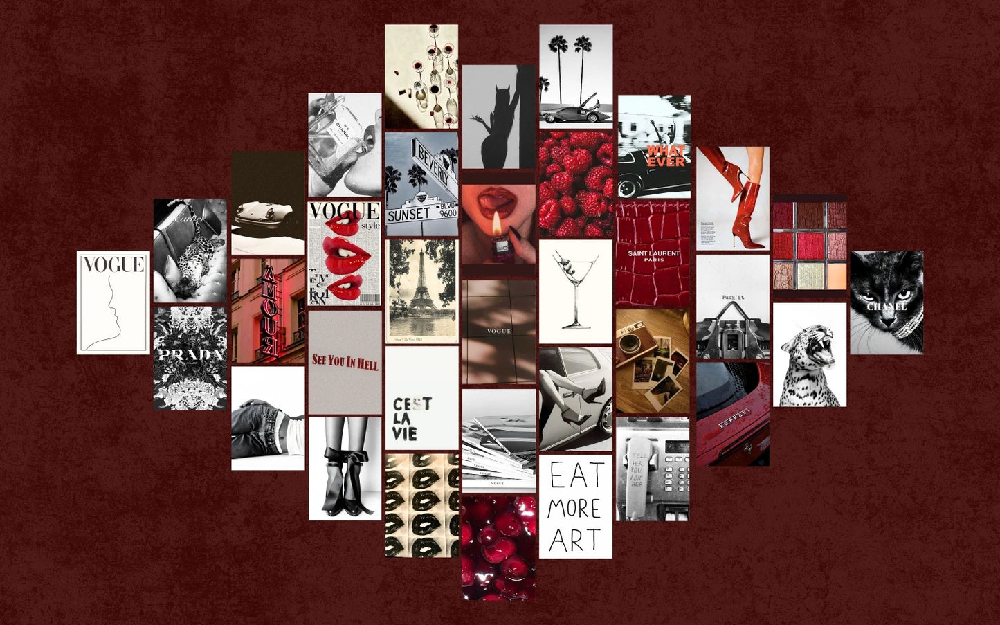 Collage-style graphic print resembling scattered magazine clippings and film negatives, incorporating mixed media textures and typography