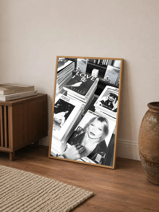 A mixed media collage featuring sepia-toned photographs, overlapping fashion magazines, and bold black typography on an off-white background