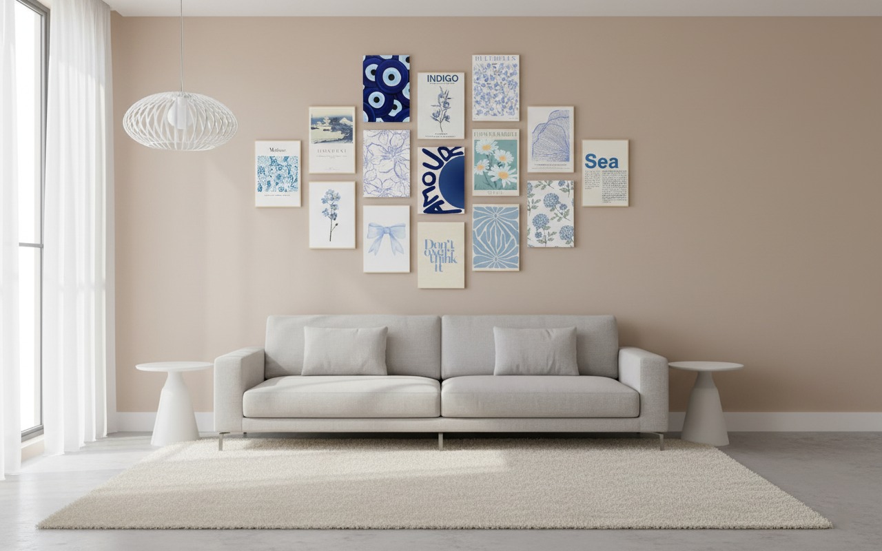 Set of coordinated printable wall art includes abstract lines, floral motifs, and geometric shapes in soft, earthy tones for gallery display