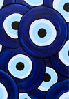 Abstract portrait poster design featuring overlapping geometric shapes and washes of deep blue, cyan, and navy tones, creating a gradient color scheme