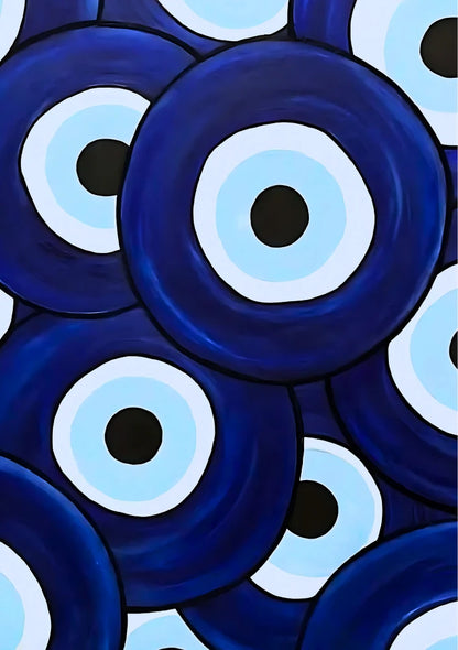 Abstract portrait poster design featuring overlapping geometric shapes and washes of deep blue, cyan, and navy tones, creating a gradient color scheme