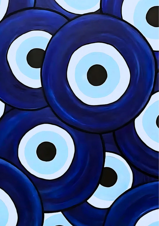 Abstract portrait poster design featuring overlapping geometric shapes and washes of deep blue, cyan, and navy tones, creating a gradient color scheme