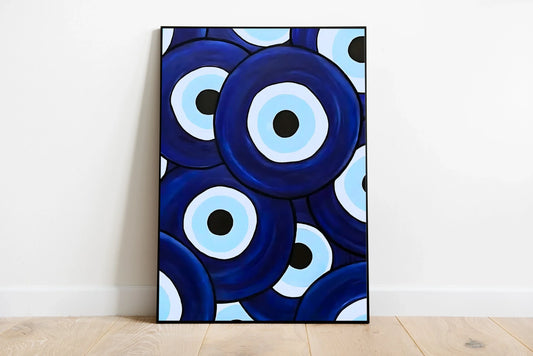 Portrait graphic art poster featuring "Watching Blue" typography and wave motifs in shades of cyan and deep blue against a clean white background