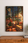 Portrait poster depicting a cozy indoor scene with city skyline at night through large window, warm lighting, plants, and books in muted earth tones