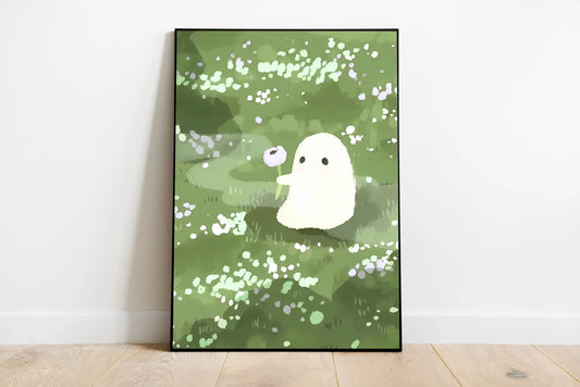 Whimsical illustration featuring a gentle boo character amid blooming cottagecore florals and botanical foliage in muted pastel tones