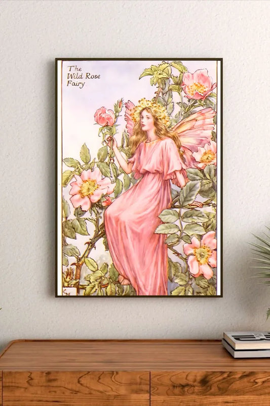 Whimsical illustration of a small fairy among blooming wild roses and ivy foliage, rendered in soft cottage-core pastels