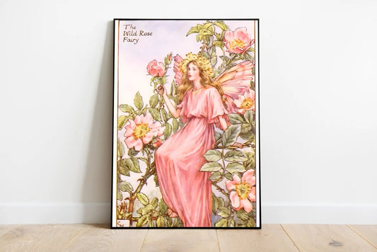 A whimsical cottage core poster featuring a fairy nestled among wild roses and botanical elements in muted greens, dusty pinks, and earthy tones