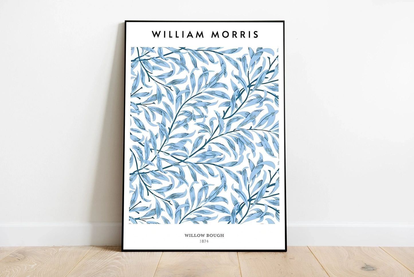 Traditional blue willow patterned art in a portrait view; the scene showcases weeping branches framing structured architecture elements