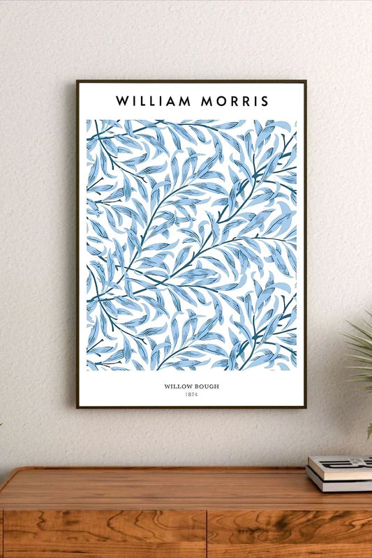 Blue chinoiserie willow pattern depicting a serene pagoda and flowing river in a detailed portrait composition of blue branches
