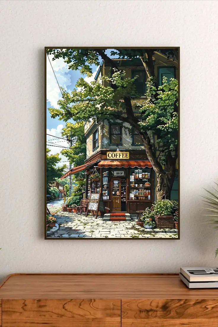 Portrait poster featuring a quaint coffee shop with wooden facade, red awning, and hanging plants under lush green trees on a sunny day
